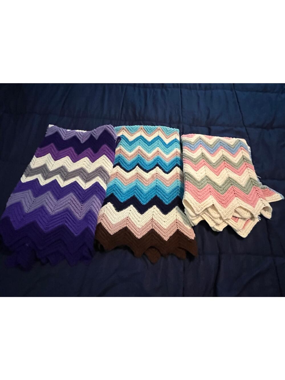 VTG Handmade Crochet Afghan Throw Blankets Lot of 3 Chevron Zig Zag 70s Retro